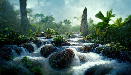 Sticker - Stormy river in the green jungle with streams of water that flows over steep stones 3d illustration