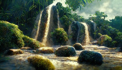 Wall Mural - Landscape of the green jungle with a waterfall that flows down from a high cliff into the river 3d illustration