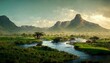 Landscape of Africa with a river, trees and mountains on the horizon under a cloudy sky 3d illustration
