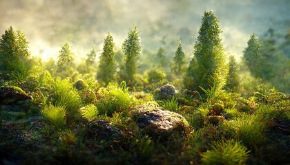 Poster - Forest landscape with deciduous trees, moss on the trunks, stones, grass and sun spots on the ground 3D illustration