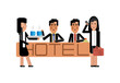 Asian receptionists at hotel reception desk and businesswoman talking on phone. Corporate business people vector illustration.