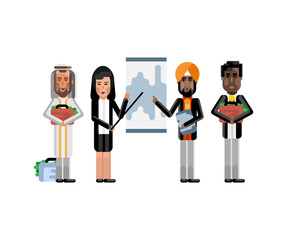 Sticker - Multiethnic business team doing presentation before african and arabic investors with money suitcases. Corporate multicultural business people isolated vector illustration.