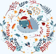 Magical winter, background with a cute sleeping wolf in a wreath, winter berries, bright flowers, colored garland.Scandinavian animal.Perfect for greeting cards, posters, flyers, banners.Vector.