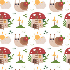 Wall Mural - Woodland vector seamless pattern with animals, snail, mushroom, plants, leaves, flowers, sun, cloud