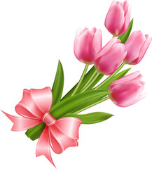 Wall Mural - Elegant 3D realistic pink tulip flower bouquet with pink ribbon