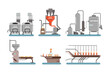 Juice production stainless industrial equipment set cartoon vector illustration