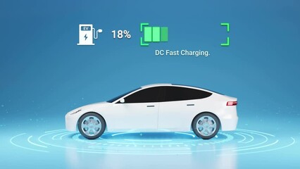 Wall Mural - Generic Electric Vehicle fully charging battery using DC fast charger, smart information EV power station status display, futuristic design hybrid car power level indicator UI interface 3d rendering