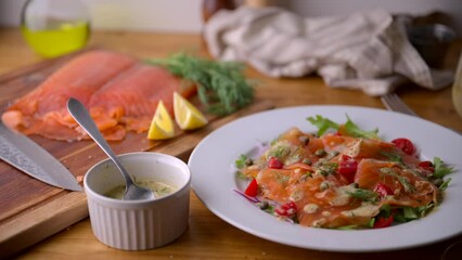 Poster - sliced and smoked salmon salada with white wine