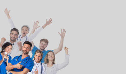 Wall Mural - Happy doctors raising arms