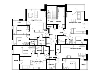 black and white house floor plan, blueprint. house apartment with furniture. floor plan of an apartm