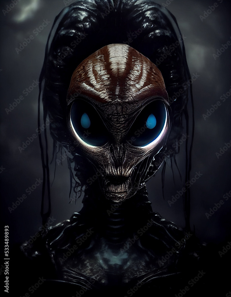 Scary Reptilian Alien with Big Almond Shaped Eyes 3D Concept Art Illustration. Stunning Vertical Portrait of Extraterrestrial Life Frightening Creature. Sci-Fi Horror Movie Fearful Character Art Work