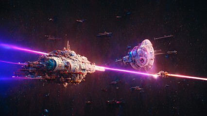 futuristic spaceship laser battle in outer space illustration render