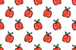 Apple fruit cartoon drawing childlike. Seamless pattern repeating texture background design. Vector illustration for fashion prints, fabrics etc.