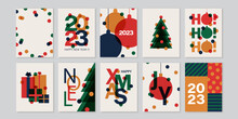 Set Of Creative Colorful Cards, Flyers, Posters For 2023 New Year. Numbers Design. Christmas Greetings. Modern Minimal Flat Style.