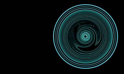 Wall Mural - Mesmerizing rotating disc with fluid stains and ripples in aqua blue color on dark background. Digital element of design. Turquoise hue. Funnel of liquid. Great as cover print, backdrop, artwork.