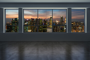 Downtown Singapore City Skyline Buildings from High Rise Window. Beautiful Expensive Real Estate overlooking. Empty room Interior Skyscrapers View. Night time. 3d rendering.