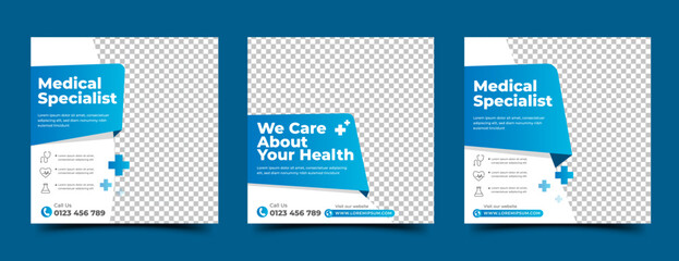 Wall Mural - medical and healthcare square banner template design. white background with blue shape. suitable for