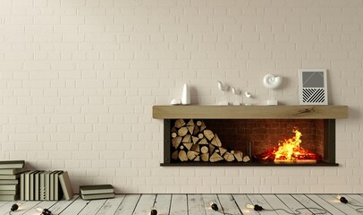 Canvas Print - Loft interior fireplace and decor on old wall