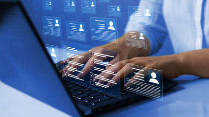 Fototapete - Marked checklist on a clipboard. Employees must complete the online survey form, answer the test questions.Human resources and management concept. 