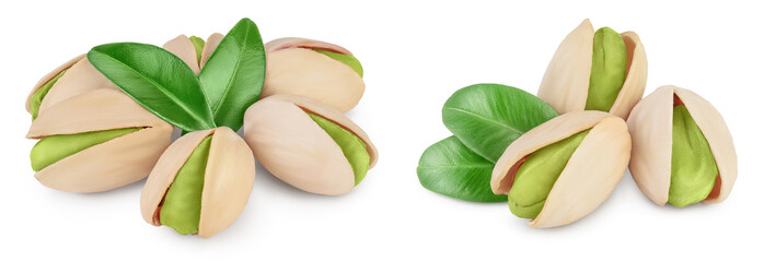 Wall Mural - pistachio with leaves isolated on white background with full depth of field