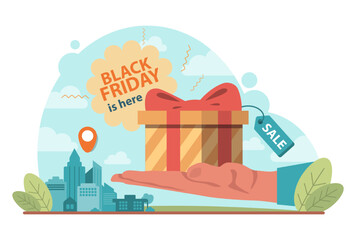 Sticker - Black friday concept. Shopping cart and bags with goods and presents.