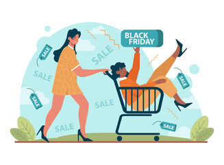 Sticker - Black friday concept. Happy character rush to purchases. Shopping cart