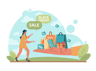 Sticker - Black friday concept. Shopping cart and bags with goods and presents.