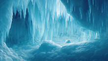 Inside An Ice Cave. Many Beautiful Icicles On The Walls And Ceiling. Ice On The Floor. Digital Art