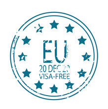 Round Blue Seal. Free Visa To European Union. Travel, Vacation And Recreation, Tourism. Circle Stamp With EU Text And Stars. Post Mark For International Communication. Cartoon Flat Vector Illustration