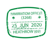 Square Green Seal. Immigration Office, Tourism, Travel And Trip. Vacation And Holiday. Visa And Docuiment. Communication And Interaction, International Business. Cartoon Flat Vector Illustration