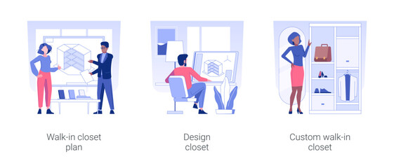 Wall Mural - walk-in closet layout isolated concept vector illustration set. wardrobe plan, walk in closet 3d mod