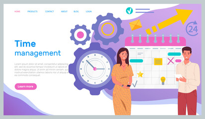 Time management, workflow organization website layout. Work efficiency, productivity increase, web development concept. Scheduling, dealing with deadline. Person timer planning, stopwatch