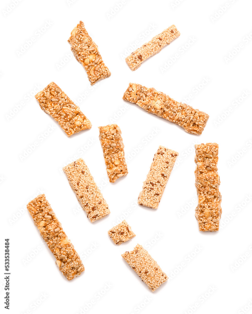 Sweet sesame kozinaki on white background