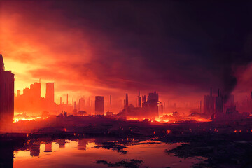 3D Illustration. Digital Art. Warzone city with small smoke and fire sources, concept art