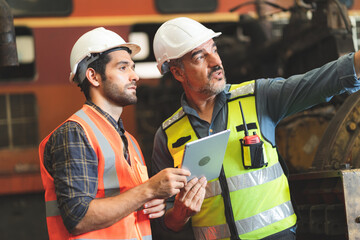 Wall Mural - professional technician engineer with safety helmet hard hat working in industrial manufacturing factory, men at work to checking equipment of machinery production technology or construction operating