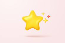 3d Yellow Stars Glossy Color Icon For Game On Pink Background. Customer Rating Feedback From Client About Employee Of UI Website Concept. 3d Star Quality Icon Vector With Shadow Render Illustration