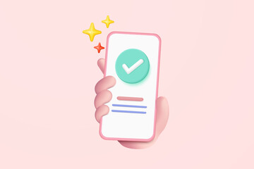3d check mark icon isolated on mobile phone in holding hand. check list button best choice for right, success, tick, accept, agree on application. 3d mark icon vector with shadow render illustration