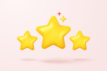 3d yellow stars glossy color icon for game on pink background. customer rating feedback from client 