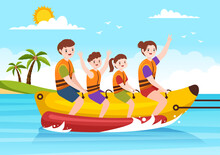 Playing Banana Boat And Jet Ski Holidays On The Sea In Beach Activities Template Hand Drawn Cartoon Flat Illustration