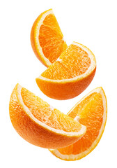 Wall Mural - orange isolated. ripe juicy orange slices on a white background. fruit levitation.