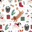 Cute cartoon dogs of different breeds and Christmas decorations, candy, gifts, garlands, cookies, bone. Festive vector illustration - dog on winter holidays in flat style. Seamless pattern