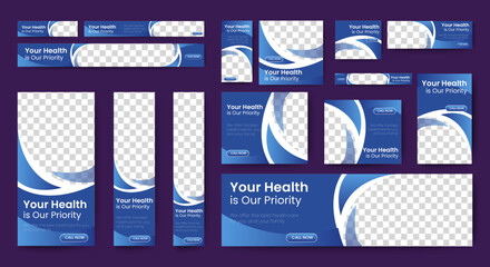 medical health banner design web template set, horizontal header web banner. gradient blue. cover he