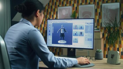 Wall Mural - female 3d designer having remote work on 3d modeling and creating 3d visualization of clothes using 