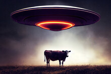 3d Illustration Of Unidentified Flying Object Ower The Night Sky Above A Cow