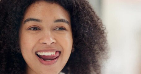 Wall Mural - Black woman, teeth and mirror in bathroom for healthy mouth, in house or apartment. Curly hair girl, happy and smile on face, for dental care, beauty and wellness of gums in morning while home