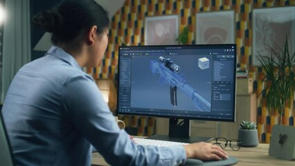 Wall Mural - female 3d designer creating 3d model of gun and making graphic using software for modeling 3d projec