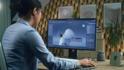 Wall Mural - female 3d designer creating and drawing character for video game using computer while sitting at the