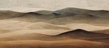 Endless Desolate Desert Dunes, Far Horizon With Spectacular Clouds. Waves Of Surreal Sand Fabric Folds Landscape. Minimalist Lost And Overwhelming Lonely Feeling - Moody Subdued Brown Color Tones.