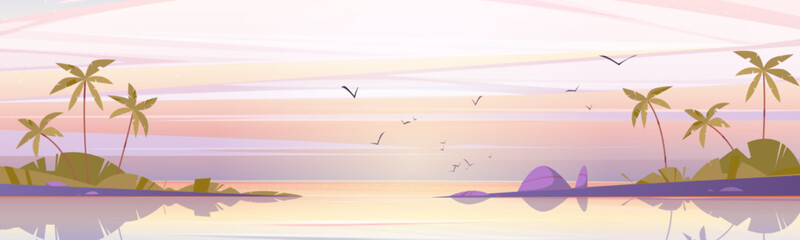 Wall Mural - Tropical island landscape at early morning, calm sea and palm trees under pink cloudy sky with flying birds, ocean water surface and dawn heaven beautiful nature, Cartoon vector game background