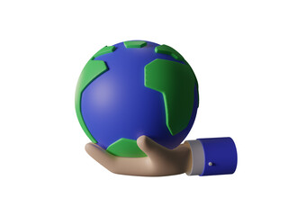 Cartoon style hands model holding a planet earth symbol on white background. 3d illustration